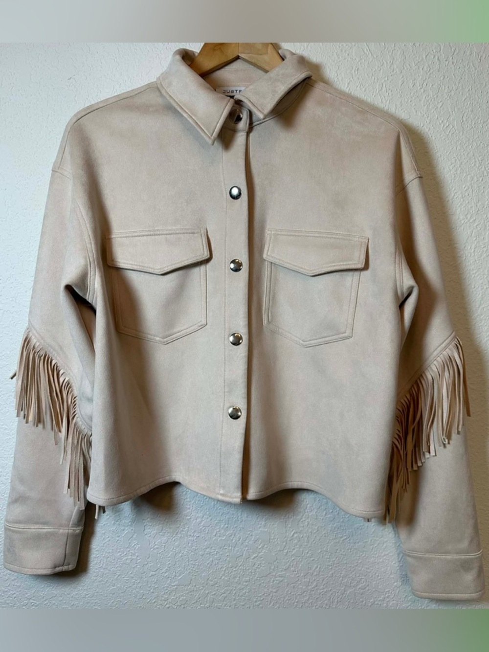 Just Fab Western Fringe Jacket in Light Blush Pink